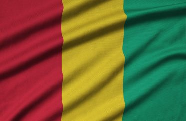 Guinea flag is depicted on a sports cloth fabric with many folds. Sport team waving banner