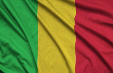 Mali flag is depicted on a sports cloth fabric with many folds. Sport team waving banner